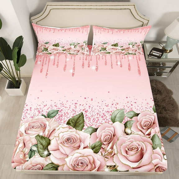 Pink Rose Fitted&nbsp;Sheet Diamond Crystal Fluid Art Bed&nbsp;Sheets,Abstract Ombre Sheets Queen Size Bed Set Romantic Garden Flowers Bedding Set,Boho Floral Bohemian Decor(No Top Sheet)