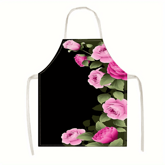 Pink Rose Floral Apron Linen Cotton Kitchen Cooking Baking Apron for Women Vintage Garden Chef Party Gift