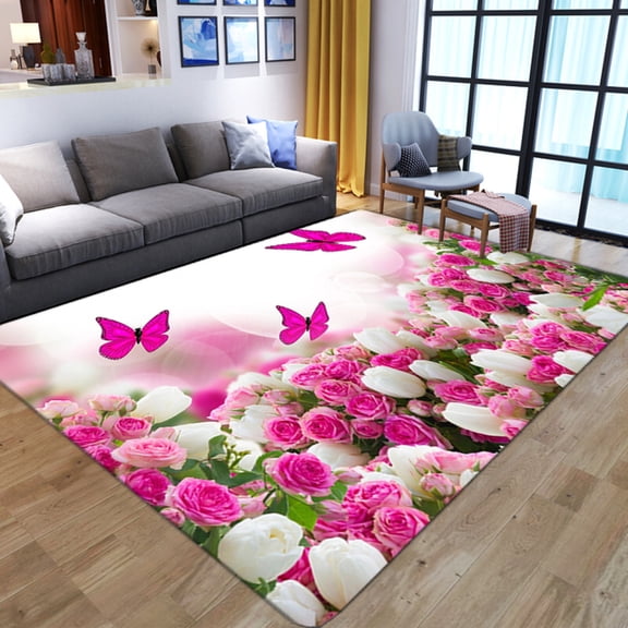 Pink Rose Floral Area Rugs Blooming Flowers Area Rugs Vintage Carpet For Girls Room Living Room Bedroom Bathroom Study Non-Slip And Easy To Clean 5'3" x 6'7"