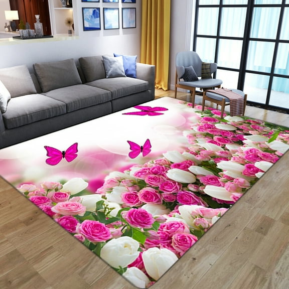 Pink Rose Floral Area Rugs Blooming Flowers Area Rugs Vintage Carpet For Girls Room Living Room Bedroom Bathroom Study Non-Slip And Easy To Clean 5' x 7'