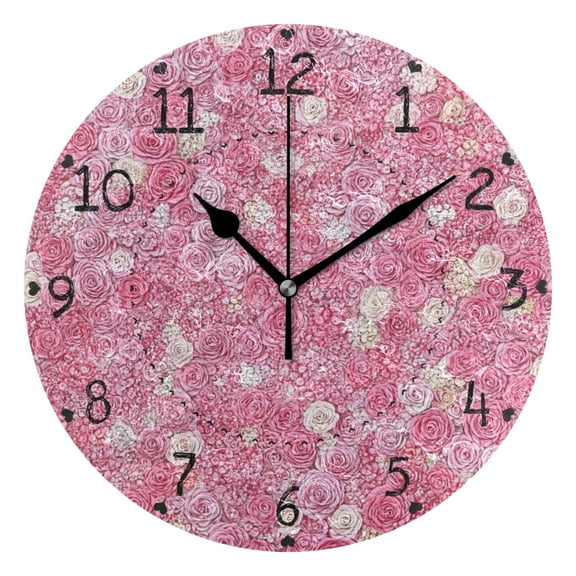 Pink Rose Floral Background Round Wall Clock Silent Battery Operated Home Decor for Living Room Bedroom