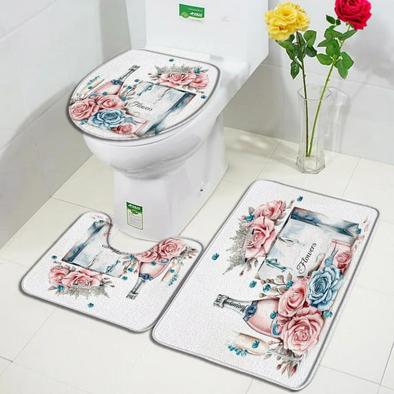 Pink Rose Floral Bath Mat Set Fashion Blue Crown Flowers Luxury Woman Girl Home Carpet Bathroom Decor Floor Rug Toilet Lid Cover