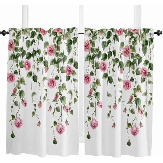 Pink Rose Floral Kitchen Curtain 63 Inch Length Small Short Cafe Tiers Curtains Drape, Green Botanical Eucalyptus Retro Flower Window Treatment Rod Pocket Drapery Panels Curtains, 52x63