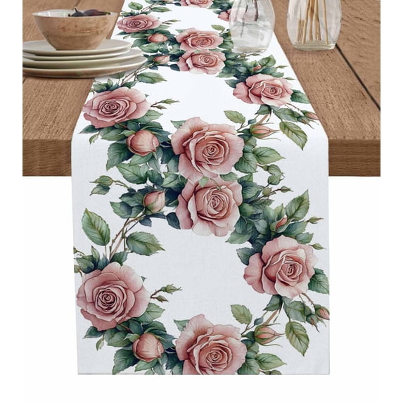 Pink Rose Floral Table Runner 48 Inches, Spring Botanical Flower Leaf Farmhouse Bed Runner Dresser Scarves Tabletop for Indoor Outdoor Parties/Ceremony/Banquet, 13" x 48"