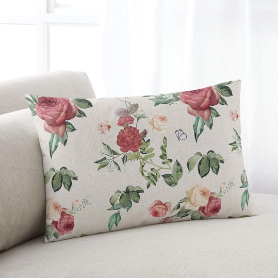 Pink Rose Floral Throw Pillow Cover,Green Leaves Rustic Seasonal Herb Rectangle Decorative Pillow Case Protector Soft Cushion Cover Lumbar Pillowcase for Couch Sofa Bedroom Car Chair Decor 20x36 Inch