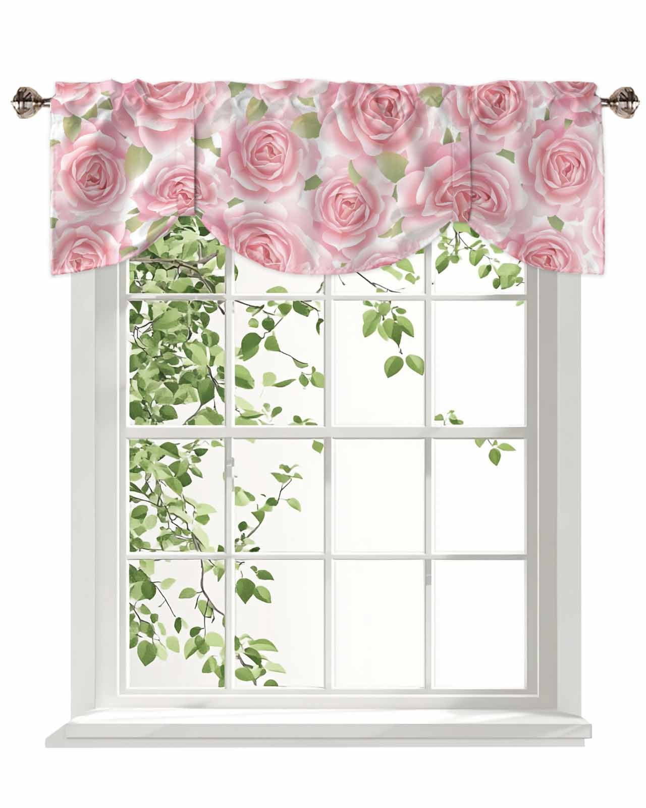 Pink Rose Floral Tie Up Valances Curtain, Adjustable Kitchen Flowers Leaves Pastoral Plant Classic Valances for Windows Decor, Rod Pocket Short Curtains Set for Bedroom/Bathroom, 54"x18"