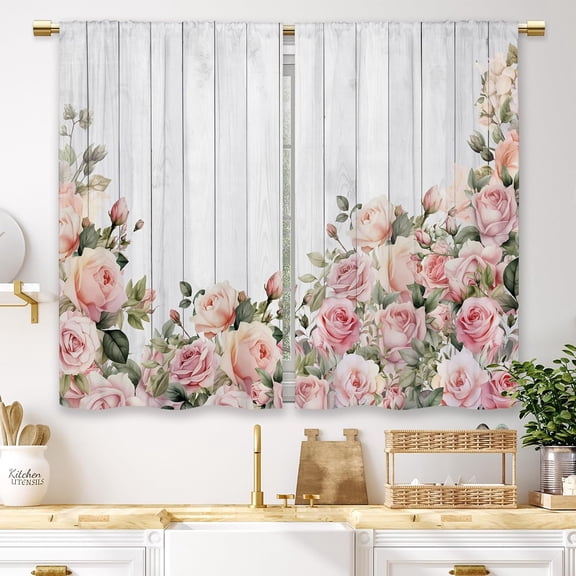Pink Rose Floral White Wood Plank Window Curtains Rustic Farmhouse Style Drapes for Kitchen Bedroom Living Room
