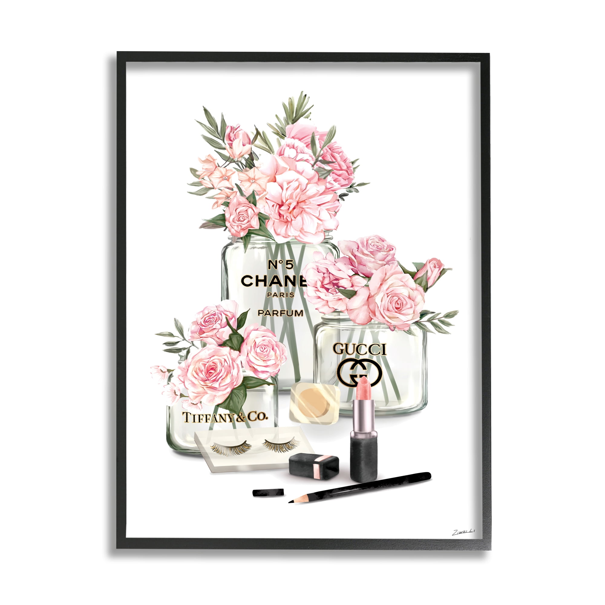 Pink Rose Florals in Glam Fashion Jars 11 in x 14 in Framed Painting Art Print, by Stupell Home Décor
