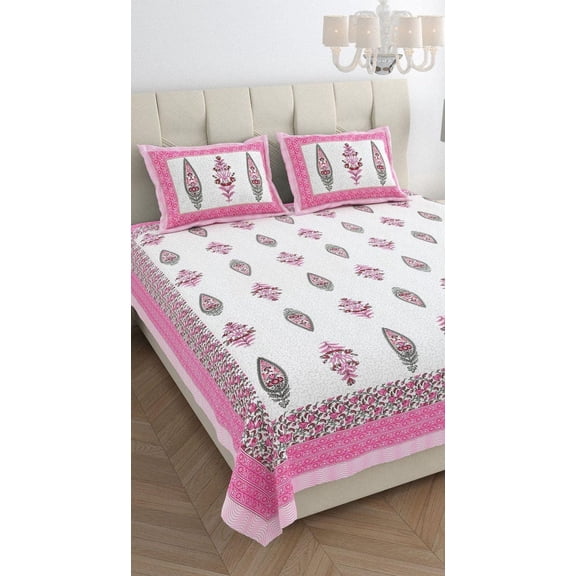 Pink Rose Florence Desinger King Size Cotton Bedsheet, Floral Cotton Double Bedsheet With 2 Pillowcases, Hand Block Printed Bedsheet