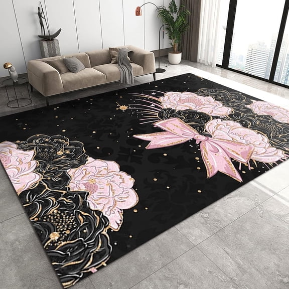 Pink Rose Flower Area Rugs, Black Gold Bow Romantic Plant Apartment Carpet, Area Carpet Comfortable Feet with Backing Apply to Bedroom Kitchen Dining Room 2x3ft