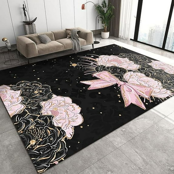Pink Rose Flower Area Rugs, Black Gold Bow Romantic Plant Apartment Carpet, Area Carpet Comfortable Feet With Backing Apply To Bedroom Kitchen Dining Room 3' x 5'