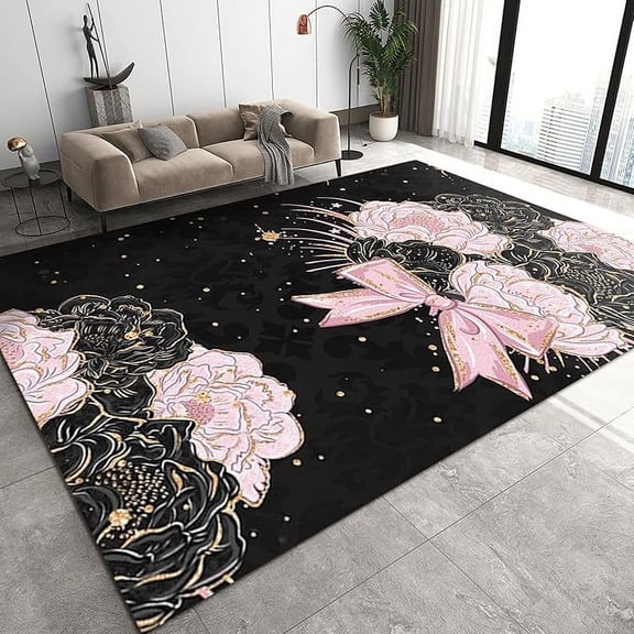 Pink Rose Flower Area Rugs, Black Gold Bow Romantic Plant Apartment Carpet, Area Rugs Comfortable Feet With Backing Apply To Bedroom Kitchen Dining Room 4 x 6ft