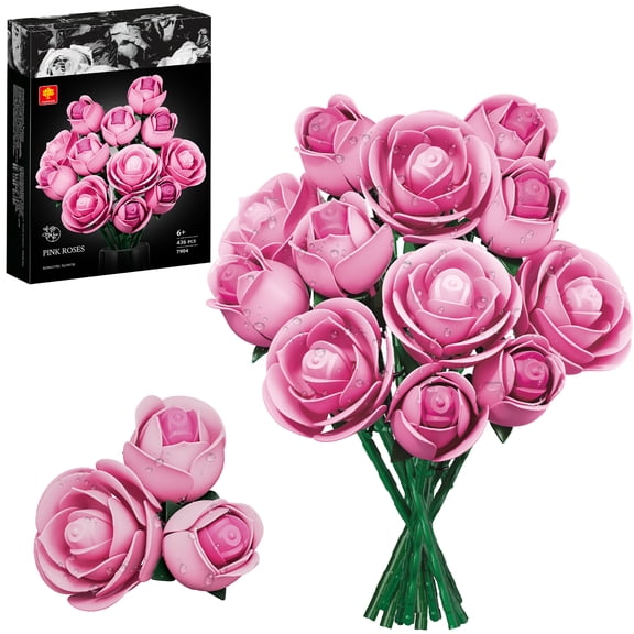 EP EXERCISE N PLAY Rose Flower Bouquet Building Set, Artificial Flowers Block Set Gift for Adult Home Decor (Pink)