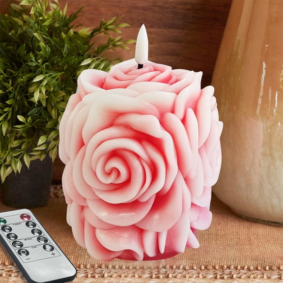 Pink Rose Flower Flickering Flameless Candles, Real Wax LED Candles with Remote and Timer, 3.8 Inch Battery Operated Pillar Candles for Room Elegant Decor Home Wedding Decoration