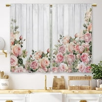 Pink Rose Flower Kitchen Curtains Wooden Farmhouse Rustic Small Short Cafe Window Curtains Floral Country Rod Pocket Bathroom Window Drapes Treatment Tier Curtains 2 Panels (27.5x36 Inch)