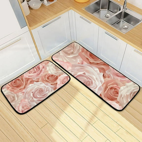 Pink Rose Flower Kitchen Rugs Set Non Slip Mats Runner for Dining Room