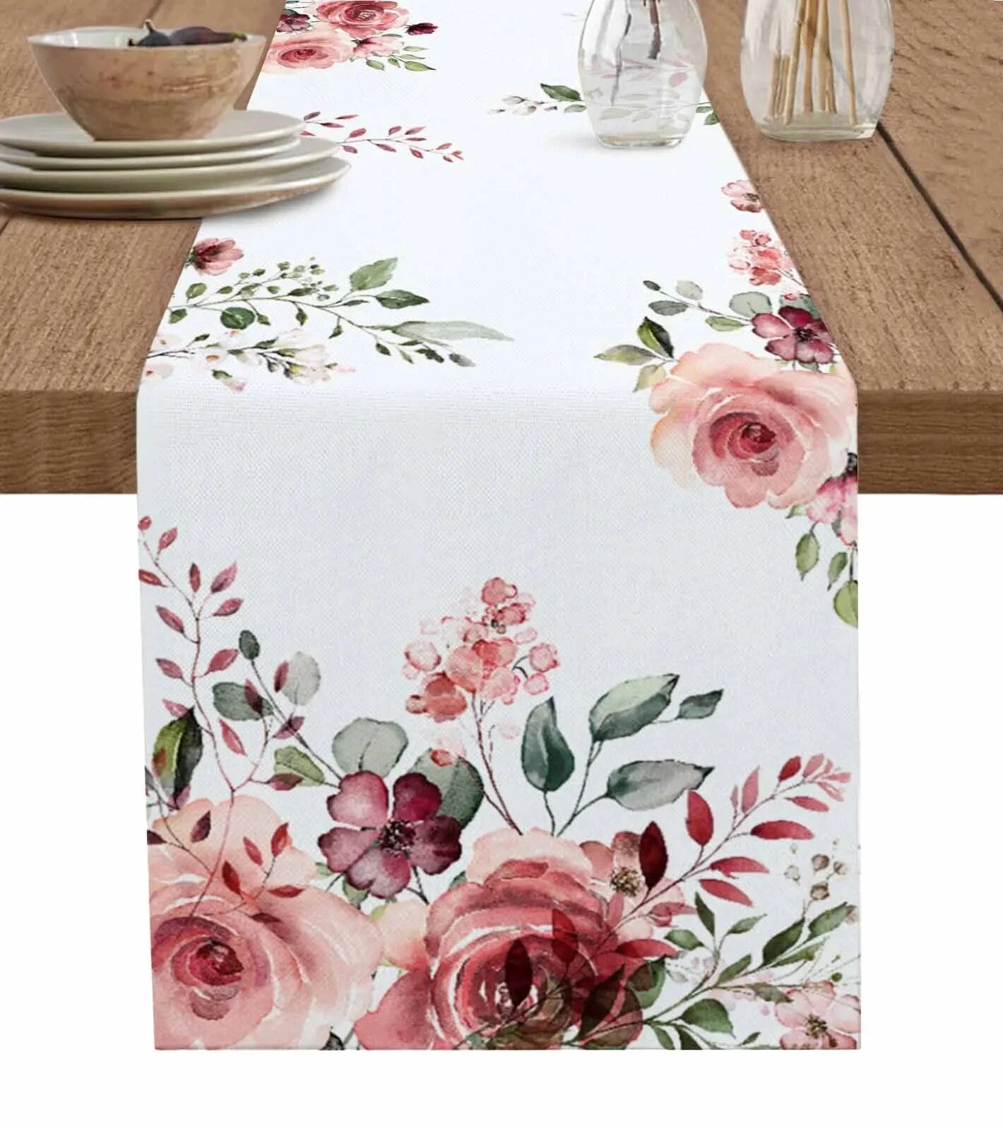 Pink Rose Flower Leaves Linen Table Runners Dresser Scarf Table Decor