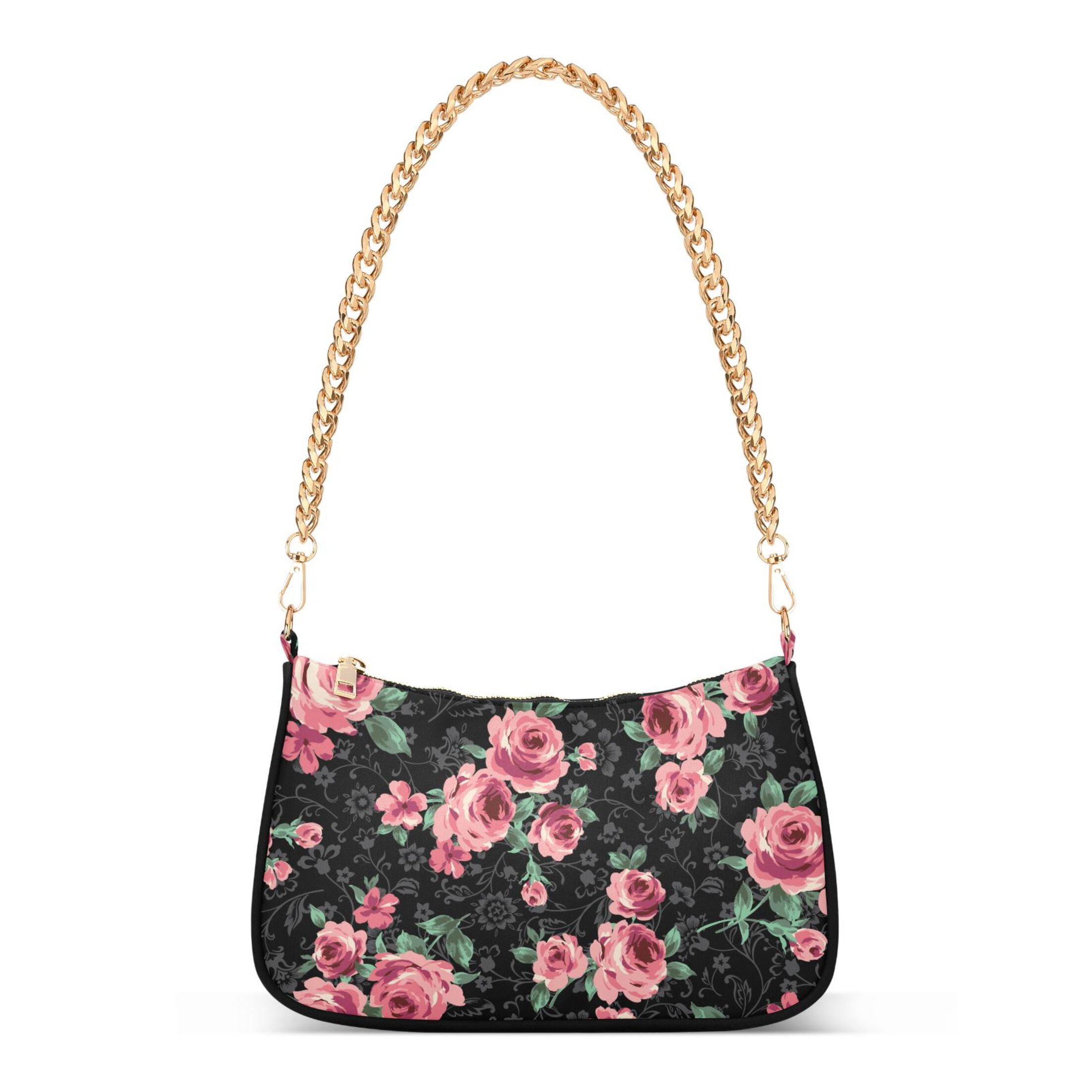 Pink Rose Flower Pattern Womens Chain Shoulder Bag Tote Handbag Clutch Hobo Purse with Zipper for Travel Casual