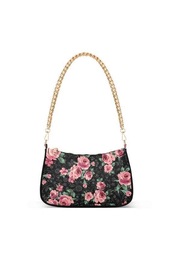 Pink Rose Flower Pattern Womens Chain Shoulder Bag Tote Handbag Clutch Hobo Purse with Zipper for Travel Casual