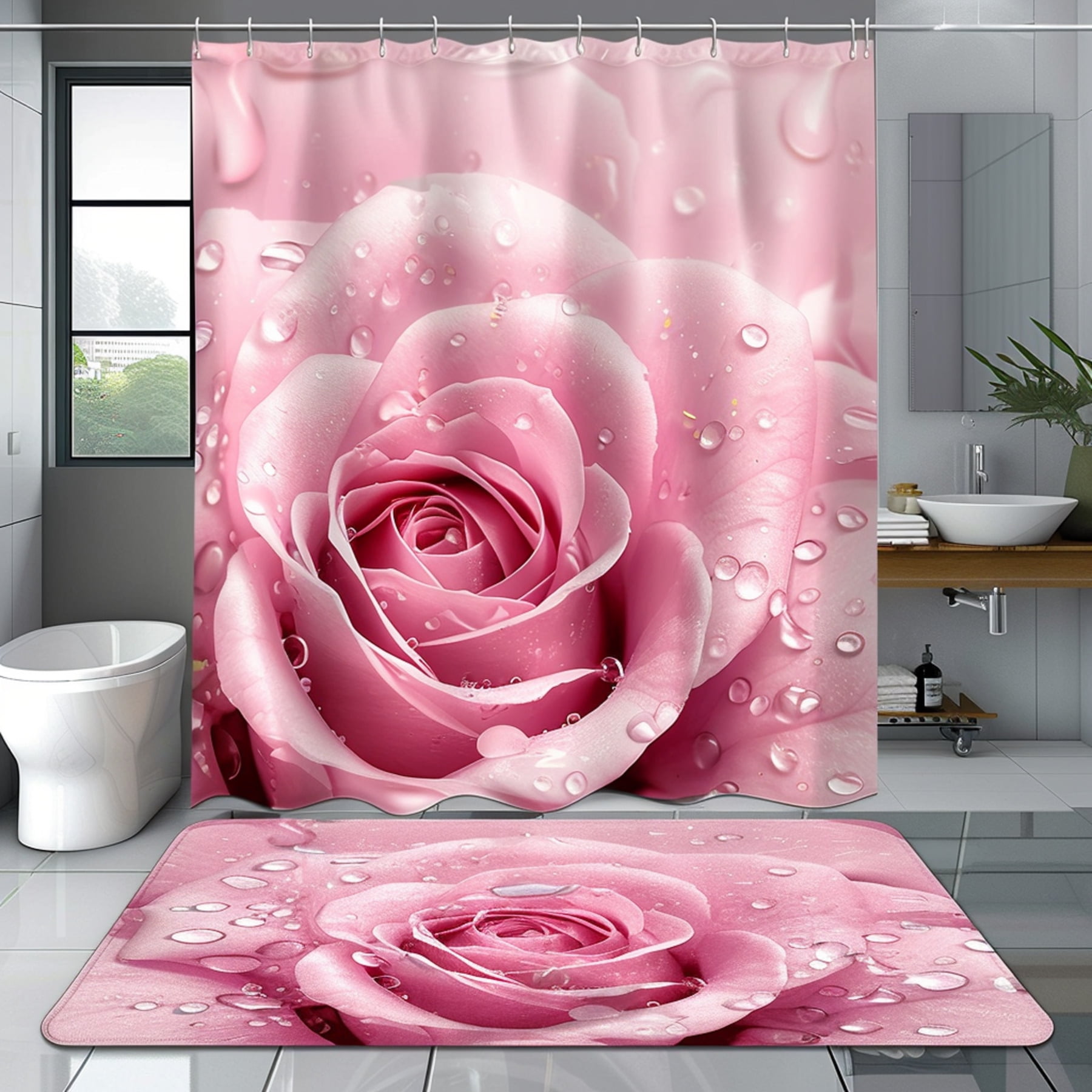 Pink Rose Flower Shower Curtain & Set Water Drops Patterned Bathroom