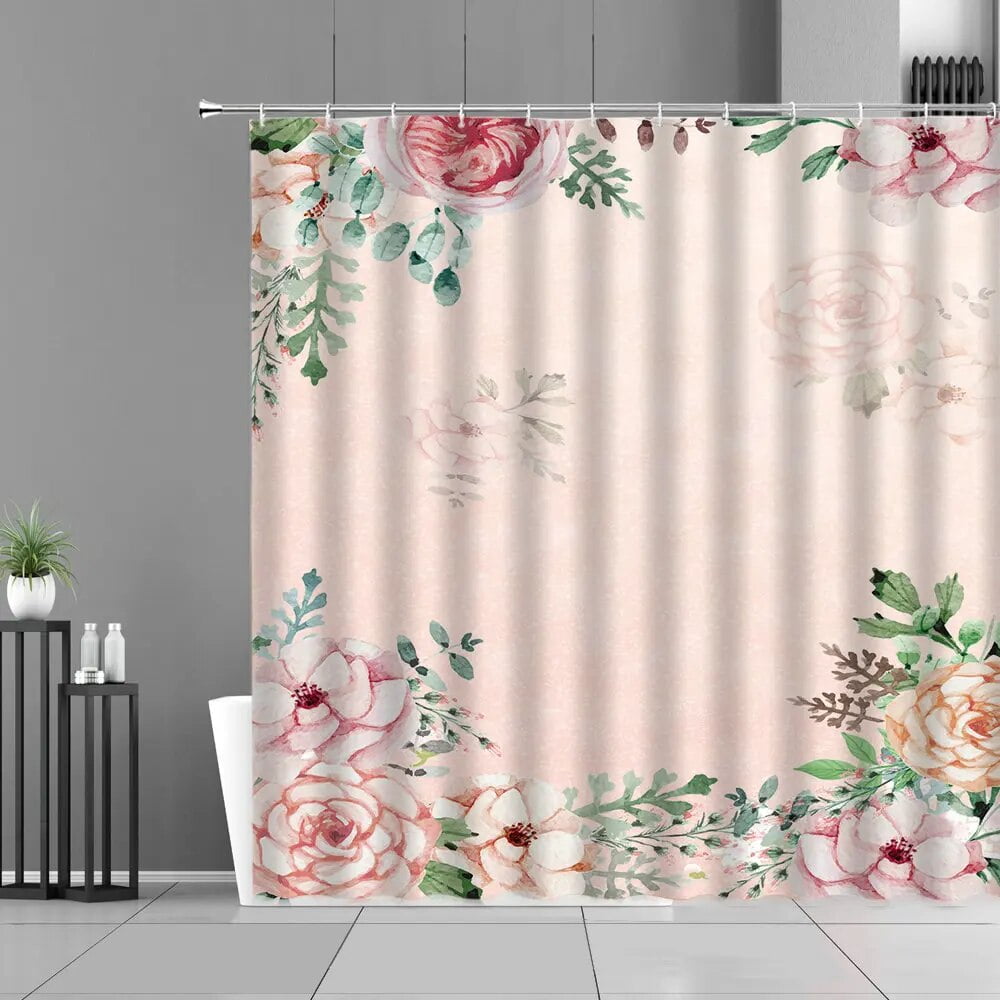 Pink Rose Flower Shower Curtains Spring Plant Floral Green Leaves