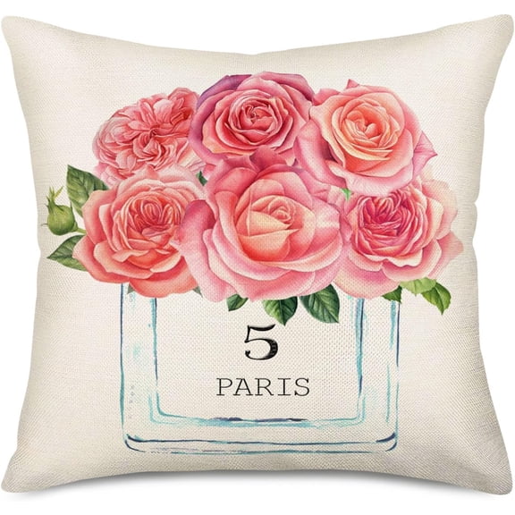 Pink Rose Flower Throw Pillow Cushion Cover Modern French Paris Perfume Bottle with Watercolor Floral Bloom Decorative Pillow Cases Home Office Living Room Decor Cotton Linen Pillowslip 18”x18”