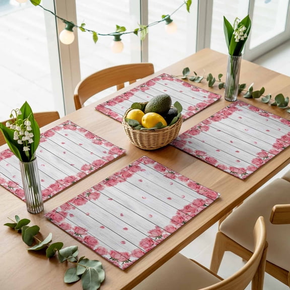 Pink Rose Flower Wood Board Placemats Set of 4,Wipeable Washable Table Mats for Dining Tables, Country Floral Wooden Place Mats for Kitchen Event Party Tabletop Decor