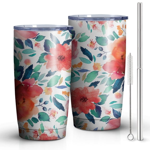 Pink Rose Flowers 20oz Tumbler Stainless Steel Double Wall Vacuum Insulated Coffee Mug Travel Cups for Wife Mom Daughter Sister Friend Coworker, Metal Straws and Brush