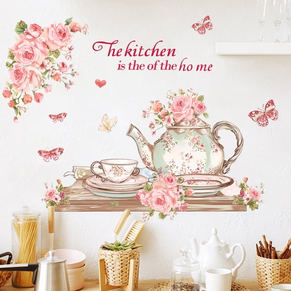 Pink Rose Flowers Decals Butterfly Kitchenware Kitchen Dining Room Wall Stickers Home Decoration Art Mural Sticker 21.65"x20.87"