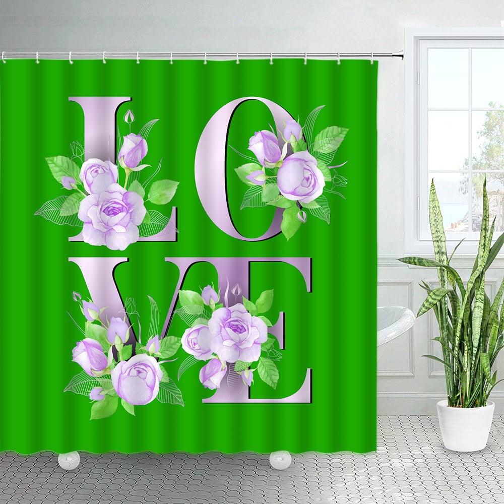 Pink Rose Flowers Love Shower Curtain Set Creative Design Watercolor
