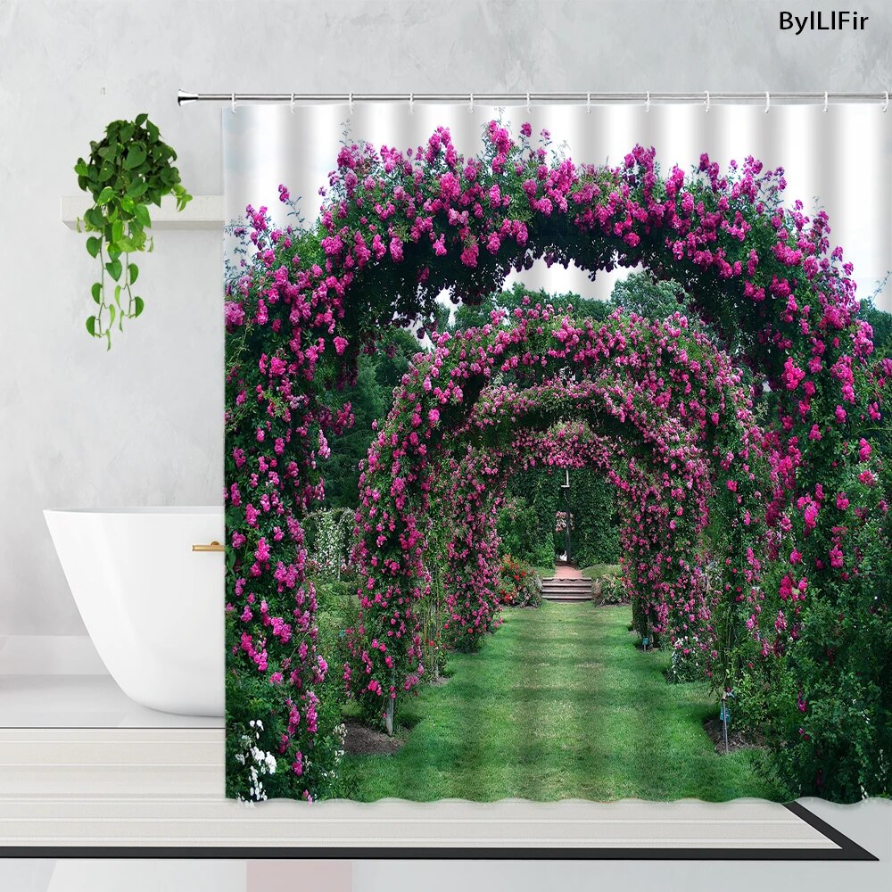 Pink Rose Flowers Plants Garden Shower Curtains Pastoral Fence Art Decor Background Cloth