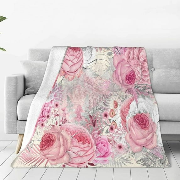 Pink Rose Flowers Throw Blanket For Couch, Ultra Soft Micro Fleece Blanket Light Weight Anti Pilling Flannel Air Conditioning Blanket 50" x 60"