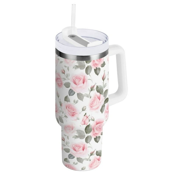Pink Rose Flowers Tumbler with Handle and Straw Insulated Travel Mug Reusable Stainless Steel Water Bottle 40 oz