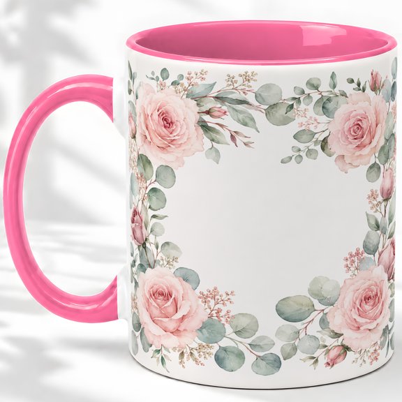Pink Rose Frame Accent Mug, 11oz Ceramic Coffee Cup for Floral Lovers
