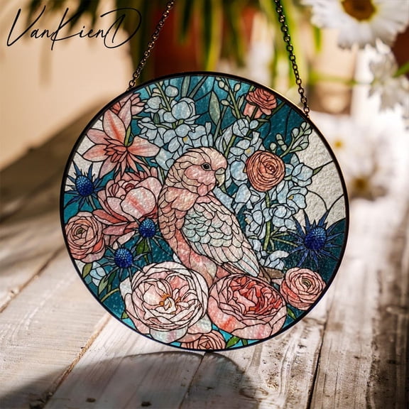 Pink Rose Galah Parrot Bird Stained Glass Suncatcher: Stained Glass Style Acrylic Botanical Window Hanging Decor, Gift For Mom