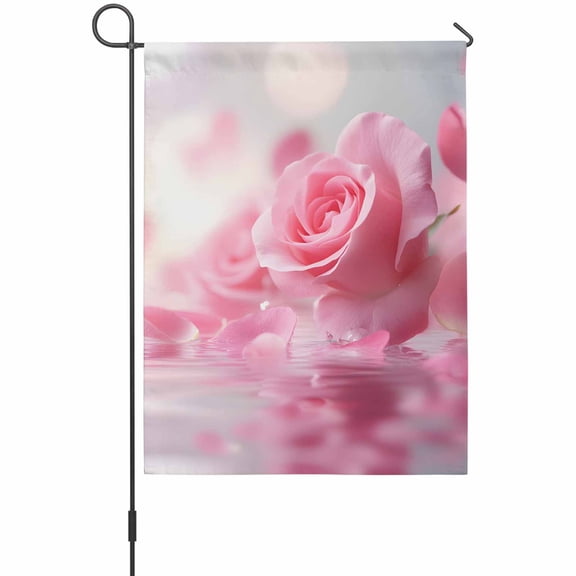 Pink Rose Garden Flags For Outdoor, Floral Reflection Small Double Side Yard Flags Weather Proof Garden Decor for Lawn Outside Holiday 12 x 18 Inches