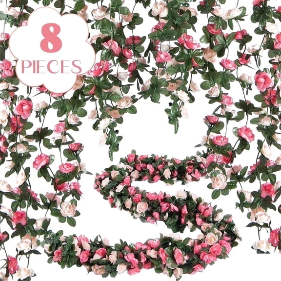 Artificial Flower Garlands Fake Pink Rose Vines 8 Pcs 66FT - Home Bedroom Wall Garden Wedding Garden Decor Outdoor