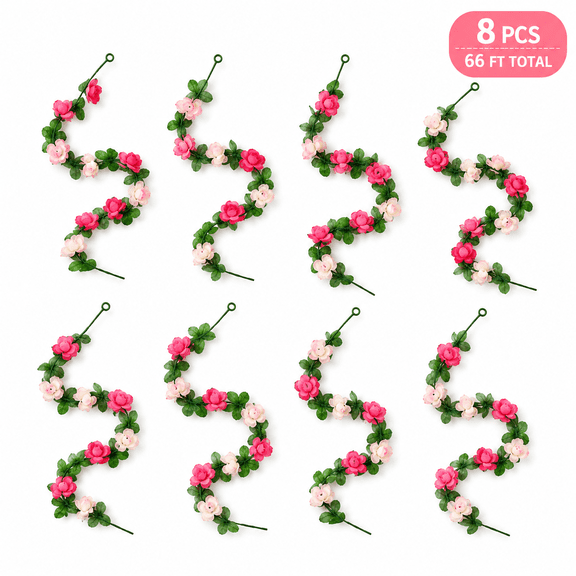 Artificial Flower Garlands Fake Pink Rose Vines 8 Pcs 66FT - Home Bedroom Wall Garden Wedding Garden Decor Outdoor