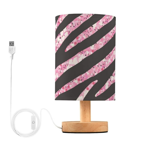Pink Rose Glitter Zebra Stripes Bedside Table Lamp LED Warm Lights with USB Charging Port Retro Cylinder Desk Lamps