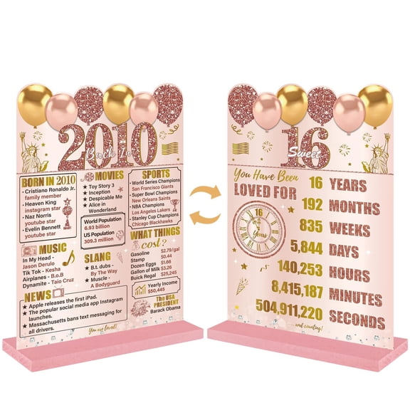 Pink Rose Gold 16th Birthday Decorations for Girls Women, Two-Sided Vintage 16 Back in 2010 Theme Poster Wooden Table Sign with Stand, Sixteen Years Old Bday Centerpieces Holder for Table Decor