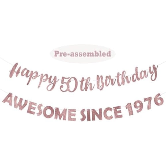 Pink Rose Gold 50th Party Decorations for Women, Pre-Strung Giltter Awesome Since 1976 50th Birthday Banner Party Supplies, Fifty Years Old Hanging Banner Photo Props Decor Sign