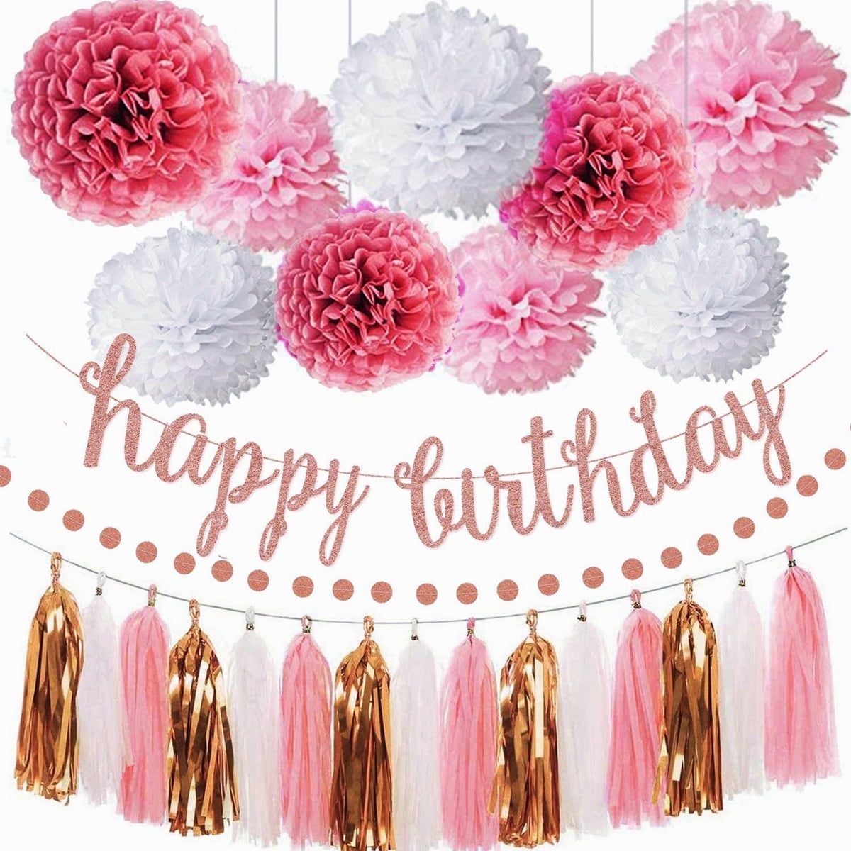 Pink Rose Gold Birthday Party Decorations Set with Banner and Tassels