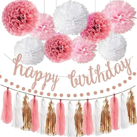 Pink Rose Gold Birthday Party Decorations Set, Glittery Happy Birthday Banner, Circle Dots and Tassel Garland for Birthday Party Decorations