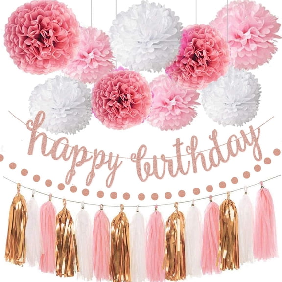 Pink Rose Gold Birthday Party Decorations Set, Rose Gold Glittery Happy Birthday Banner, Tissue Paper, Circle Dots Garland and Tassel Garland for Birthday Party Decorations