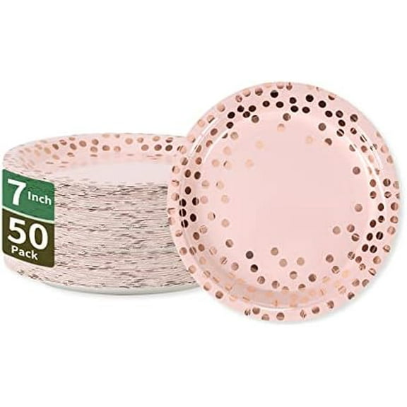 Pink & Rose Gold Dots Party Paper Plates, 50 PCS Disposable Party Supplies Dessert Paper Plates for Birthday Wedding Bridal Shower Supplies (7 inches)