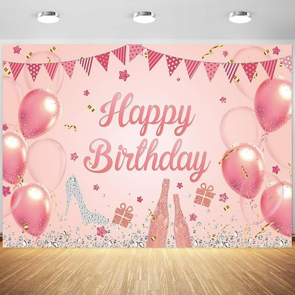 Pink and Rose Gold Happy Birthday Backdrop Pink Balloons Diamond Photography Background Women Birthday Party Banner Decorations Wallpaper Photo Studio Props