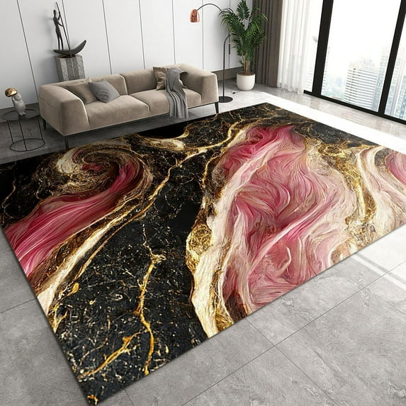 Pink Rose Gold Marble Area Rug, Luxurious Black Gold Texture Indoor Non-Slip Kids Rugs, Machine Washable Breathable Durable Carpet For Front Entrance Floor Decor