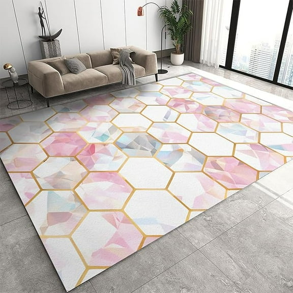 Pink Rose Gold Marble Area Rug, Luxury Gold Geometric Honeycomb Pattern Indoor Non-Slip Rugs, Machine Washable Breathable Easy Care Carpet for Front Entrance Floor Decor 4 x 6ft