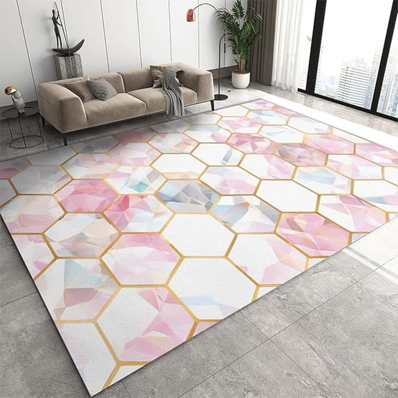 Pink Rose Gold Marble Area Rug, Luxury Gold Geometric Honeycomb Pattern Indoor Non-Slip Rugs, Machine Washable Breathable Easy Care Carpet For Front Entrance Floor Decor 5x7ft
