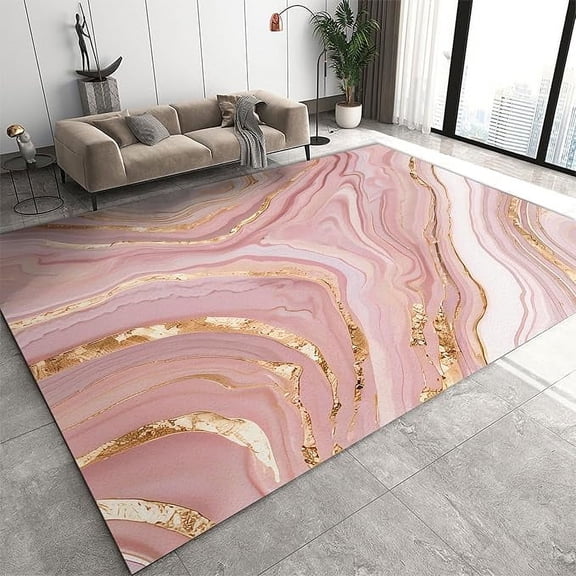 Pink Rose Gold Marble Area Rug, Modern Gold Foil Fluid Texture Washable Rugs, With Non-Slip Rubber Backing Floor Carpet For Bedroom Living Room Dining Room 4 x 5ft
